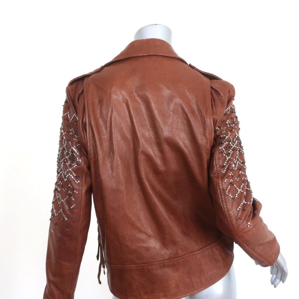 3.1 PHILLIP LIM CRYSTAL-EMBELLISHED LEATHER MOTORCYCLE JACKET BROWN SIZE 6 - Picture 6 of 10